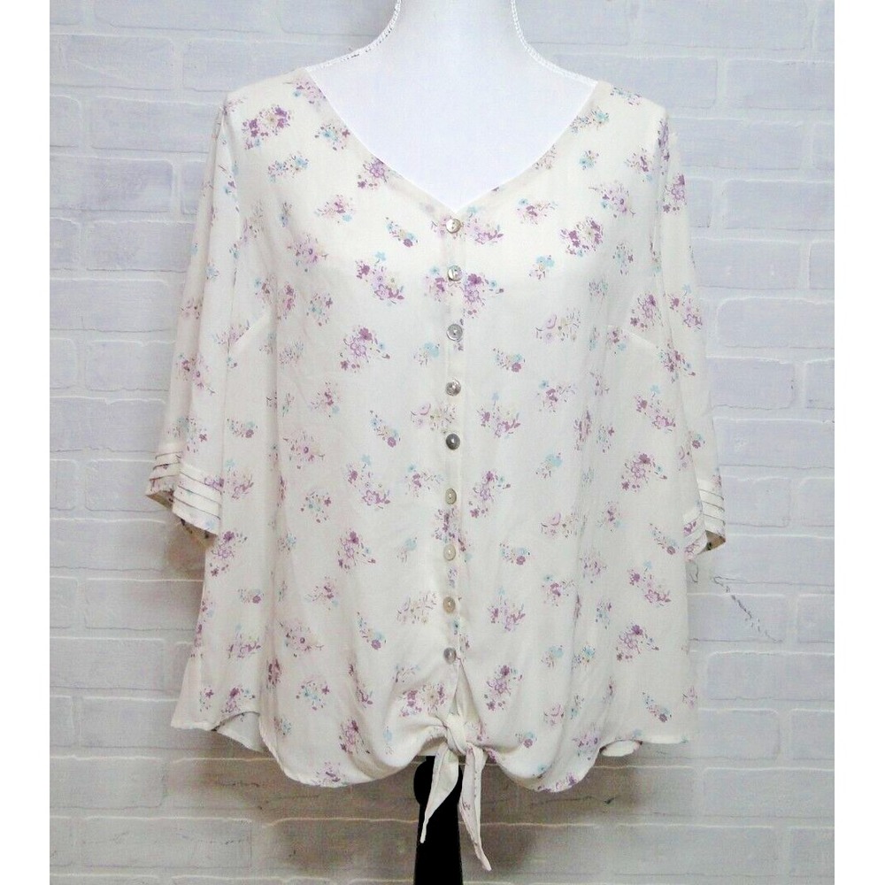 Torrid Blouse Womens 1 White Gray Purple Floral Tie Waist Button Up Semi Sheer